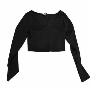 Black V-Neck Cropped Long Sleeve Women's Top